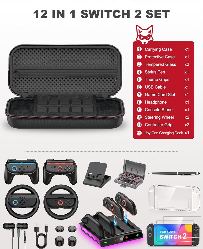 AXYBCOOL Store Switch 2 Accessories Bundle Kit 17-in-1 Compatible with Nintendo Switch 2025, Switch 2 Carrying Case Travel with Joypad Charger, Screen Protectors, Steering Wheel, Grip and more Switch 2 Accessories - Image 2